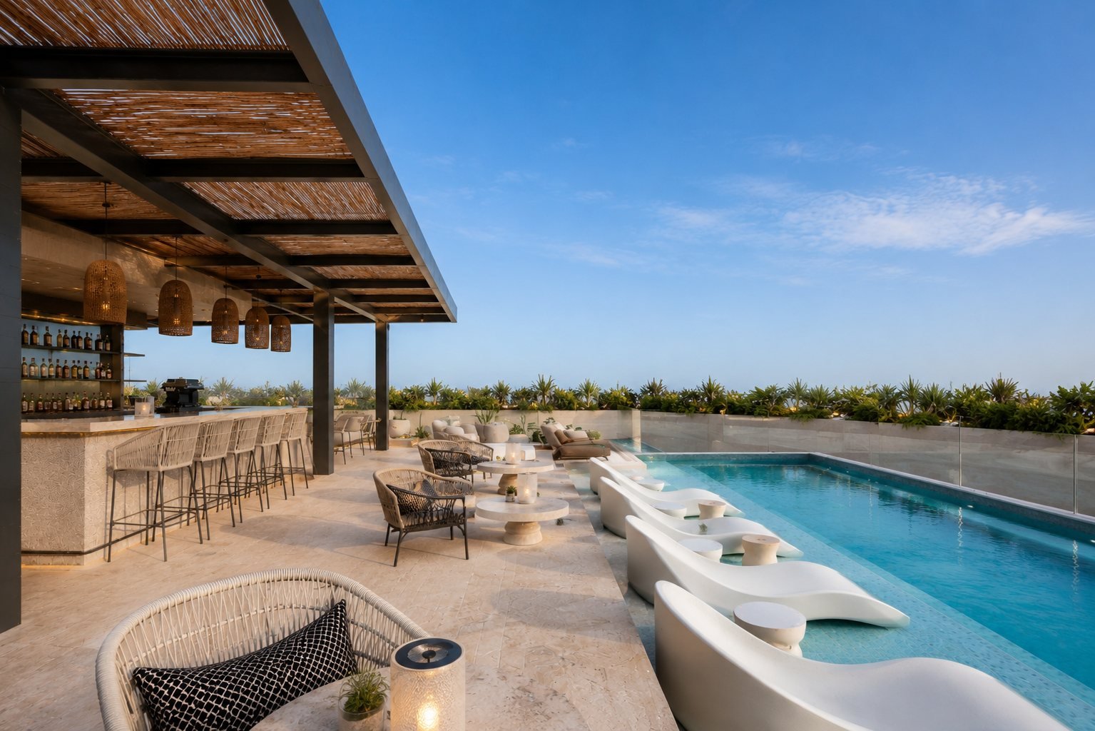 Render de la terraza con alberca y bar de El Tezal, Cabo San Lucas